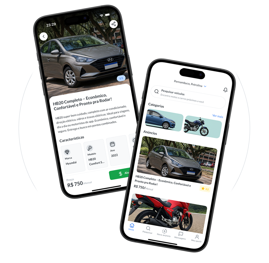 Aplicativo ilug mostrando opções de aluguel de carros e motos entre pessoas